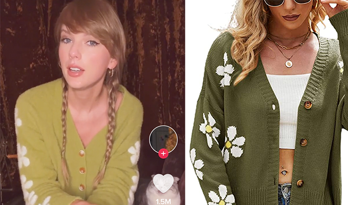 Taylor Swift wearing braids and a green daisy sweater next to a girl wearing a similar daisy sweater
