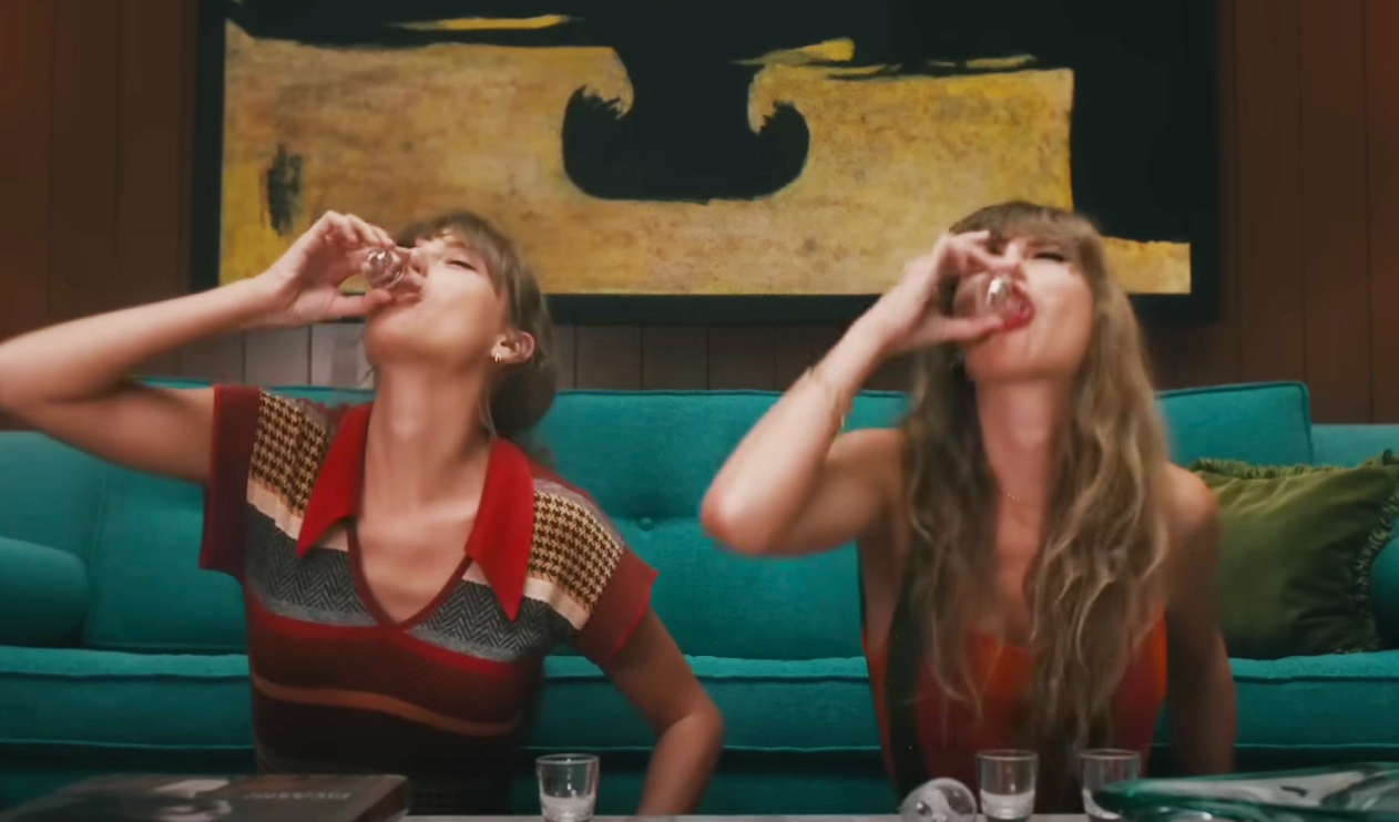 Taylor Swift "Anti-Hero" music video: Taylor Swift drinks alongside alter ego