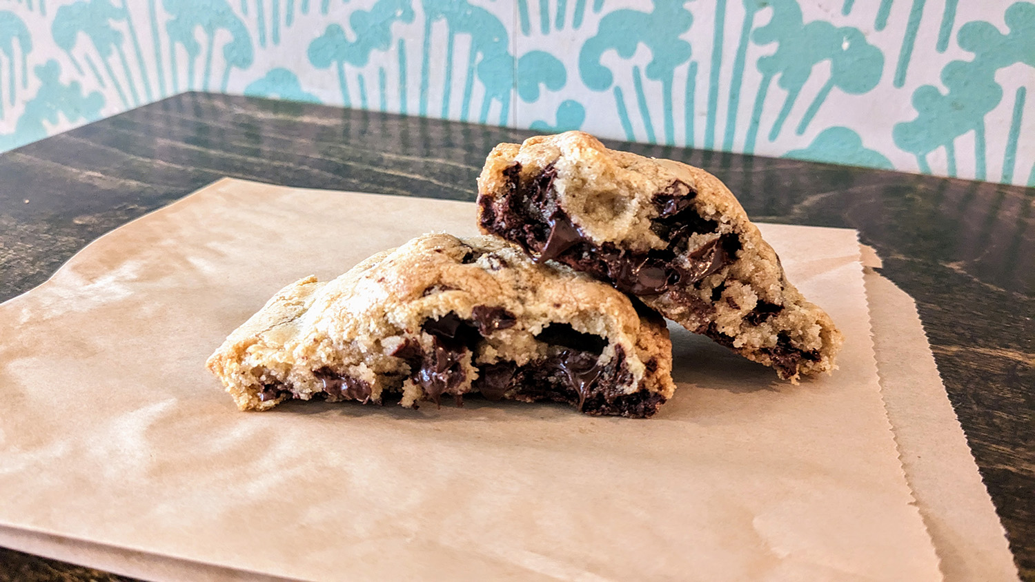 culture espresso chocolate chip cookie, broken in half