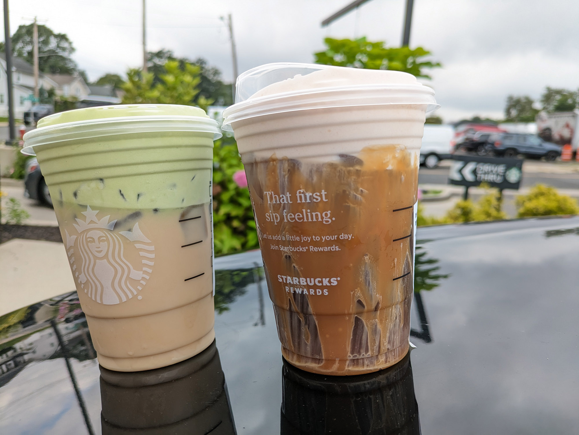 starbucks summer remix menu drinks, side by side: chai with matcha cold foam, chocolate cold foam cold brew with caramel syrup