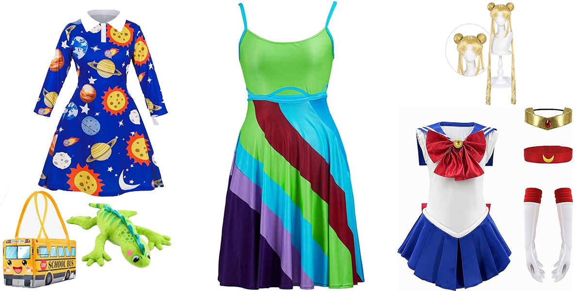 amazon halloween costume ideas, including a planet dress, party rainbow dress and sailor scout-style uniform