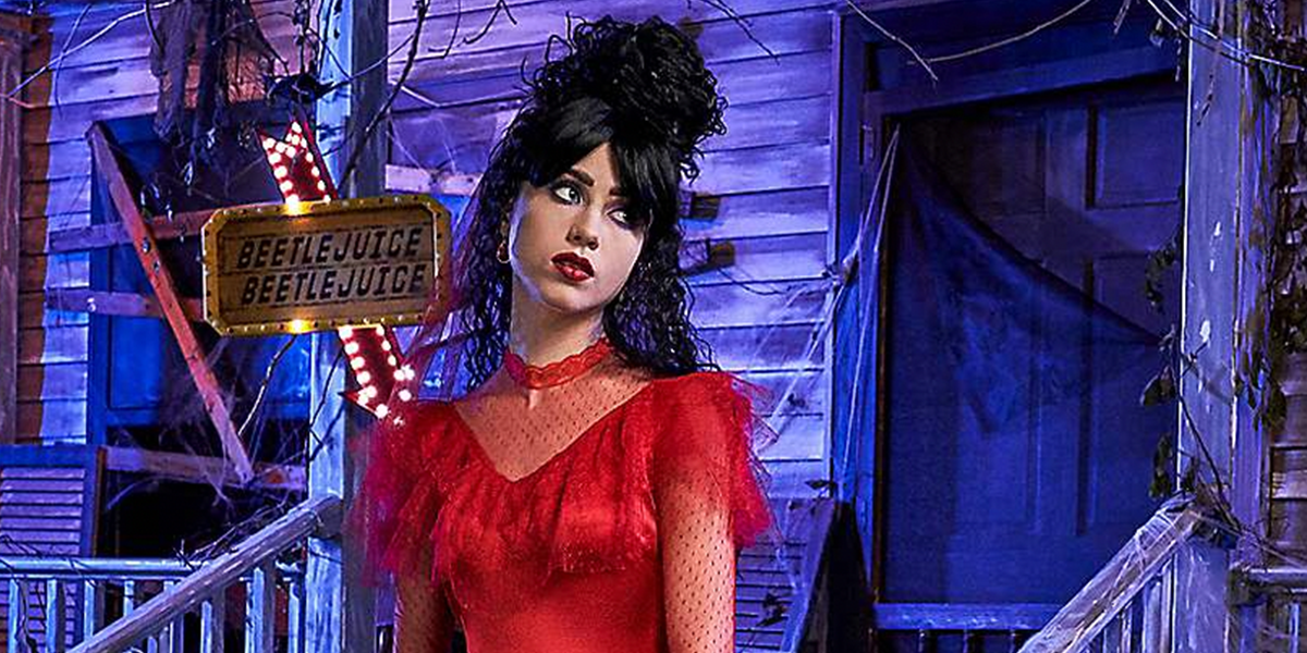 spirit halloween costume of lydia deetz in red dress