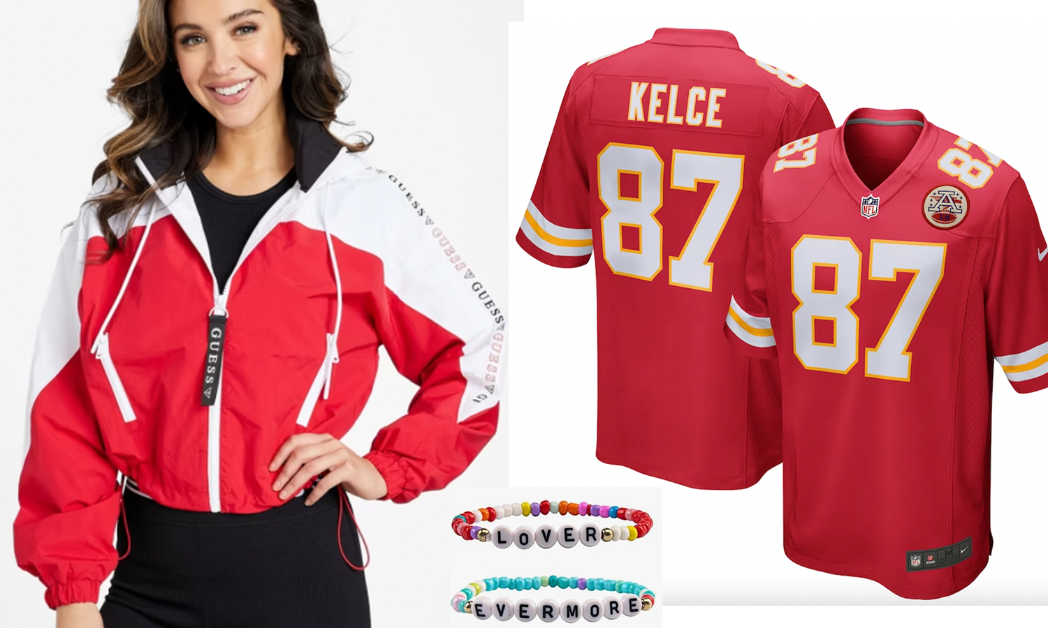 travis kelce and taylor swift-inspired costume ideas, featuring chiefs gear and red jacket and bracelets