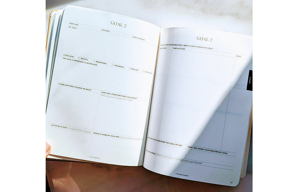 open pages of the lh agenda, a pretty planner showing how to set goals
