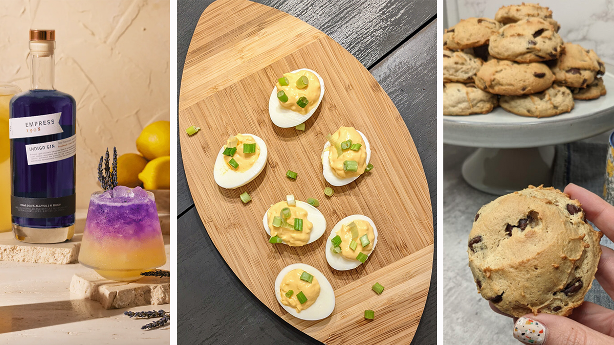 Taylor Swift-inspired Super Bowl menu ideas, including a Lavender Haze drink, The Last Great American Deviled Eggs and Big Reputation chocolate chip cookies