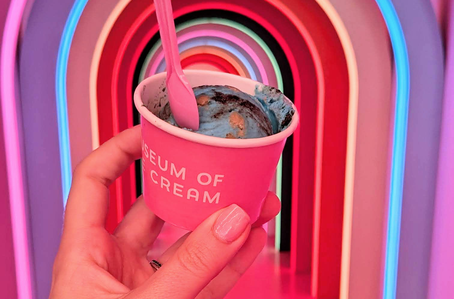 museum of ice cream cookie monster ice cream in rainbow LED-light hallway