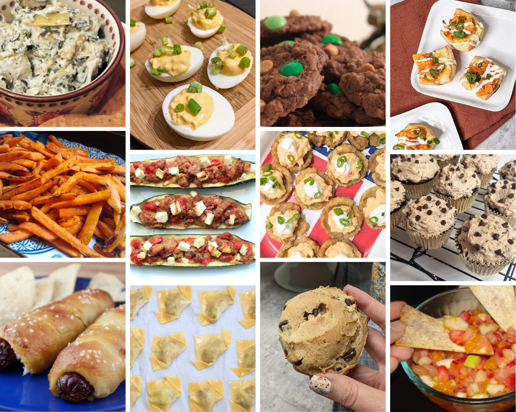 my favorite football party snacks, including bbq wontons, stuffed zucchini boats, buffalo chicken tots and more