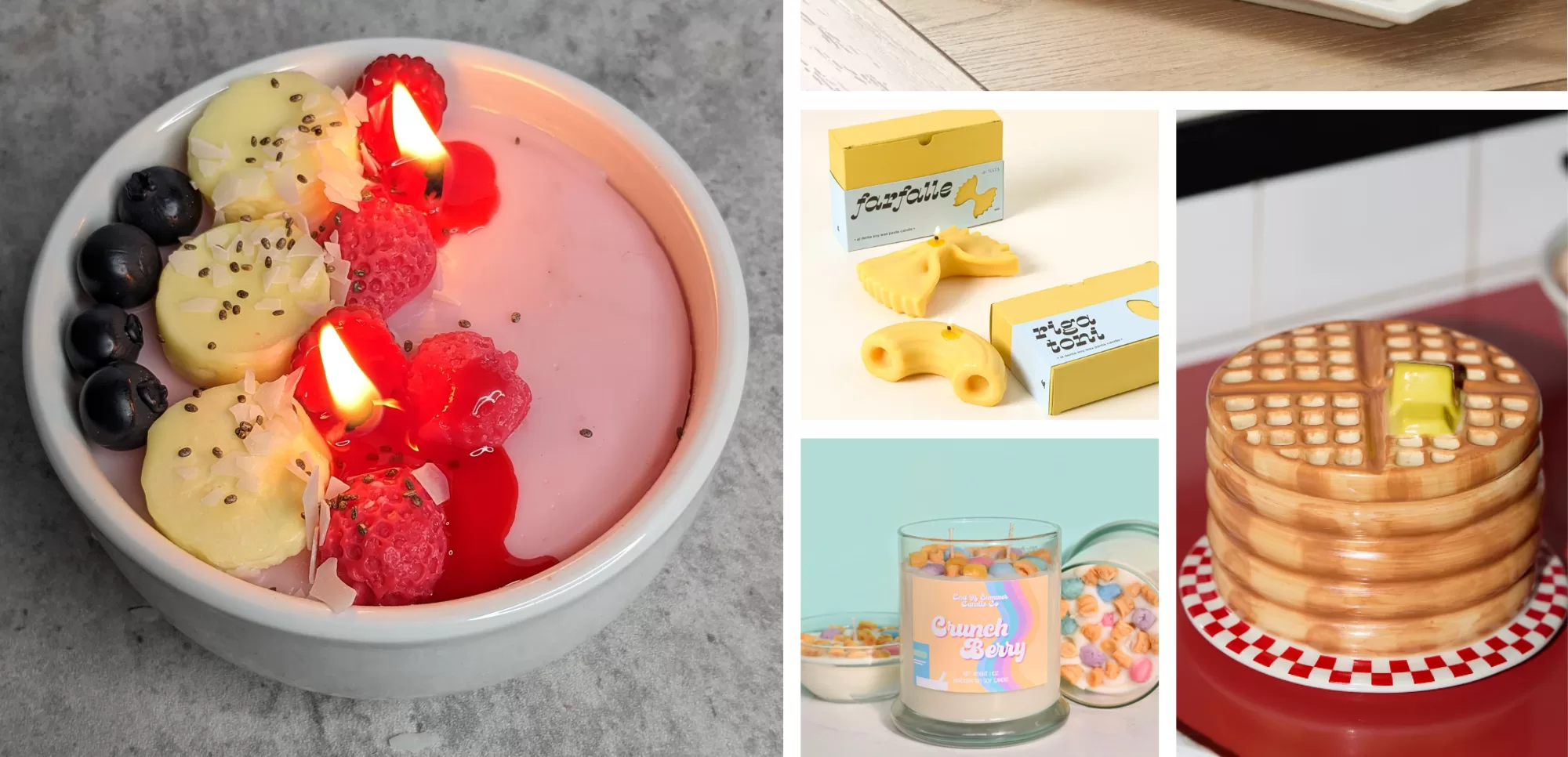 food candles are trending, like these smoothie bowl, pasta, cereal and waffle candles