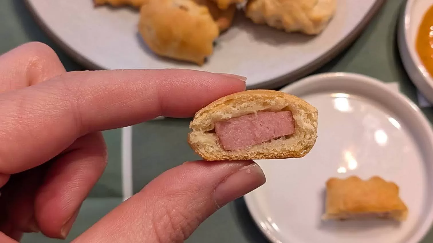 hot dog ravioli, aka pigs in a blanket bites up close